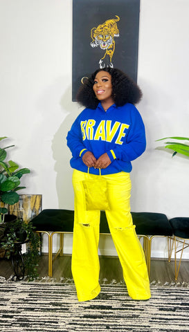 Brave Oversized Collared Long Sleeve Sweater Top ( Royal Blue/Neon Yellow)