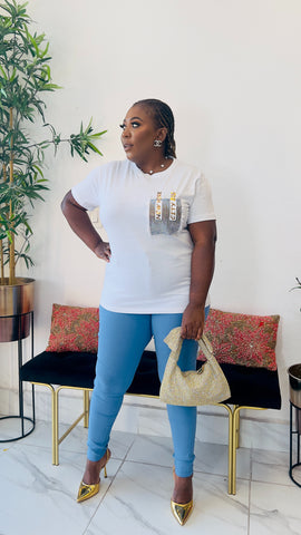 BIG CITY DENIM RHINESTONE DETAIL T-SHIRT TOP (White)