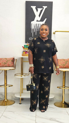 Star Luxe Embellished Wide Leg Matching Set - Black