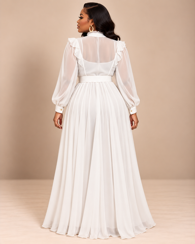 Genevieve Regal Ruffle Chiffon Maxi Dress – white
