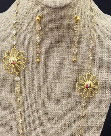 Golden Bloom Crystal Gold Tone Necklace And Drop Earring Set