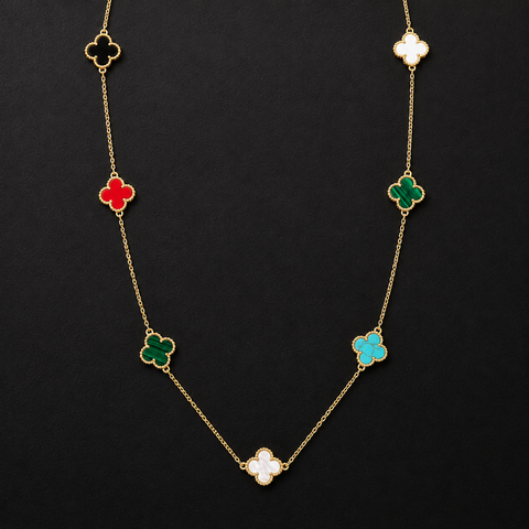 14K GOLD PLATED 36 INCH LONG  CLOVER MULTICOLOR NECKLACE