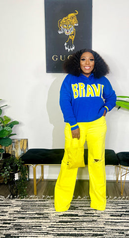 Brave Oversized Collared Long Sleeve Sweater Top ( Royal Blue/Neon Yellow)