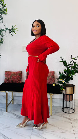 MARTHA RIBBED V-NECK SWEATER DRESS (red)