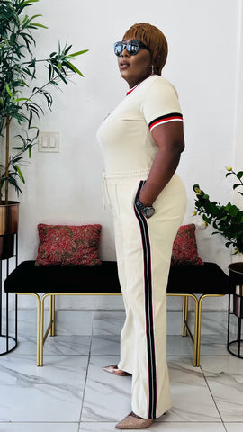 FRANCISCA SIDE STRIPE STONED LUXE KNIT PANT SET