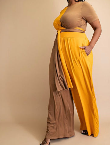 SHEILA HALF AND HALF CROP TOP WIDE LEG PANT SET (Mustard)