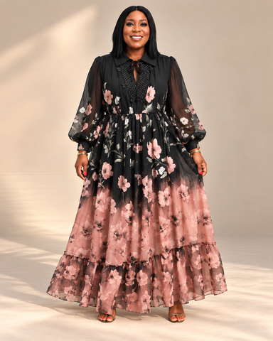 Harriet Beaded Floral Chiffon Maxi Belted Dress