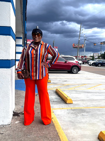 JANICE SILK MULTICOLOR STRIPE SHIRT TOP (Orange )