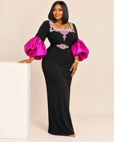 Marvelle Jeweled Puff Sleeve Maxi Dress
