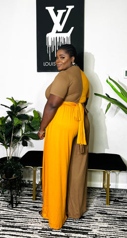 SHEILA HALF AND HALF CROP TOP WIDE LEG PANT SET (Mustard)