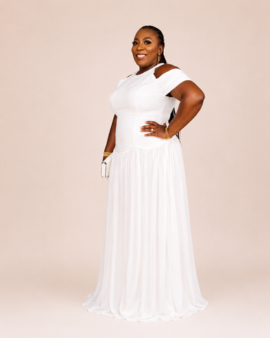 Vionelle Beaded Draped Off-Shoulder Occasion Maxi Dress - White