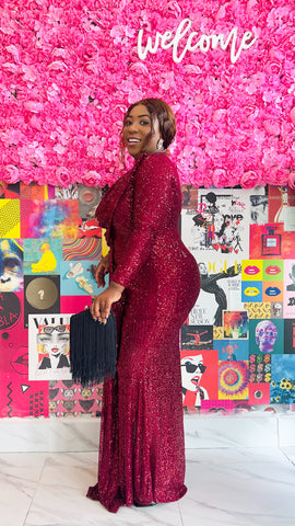 SCARLETT SEQUINED FRONT DRAPE LONG SLEEVE OCCASION MAXI DRESS (Wine)