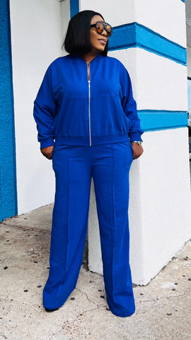 Keep It Classy Zip Up Wide Leg Pants Set (Royal Blue)