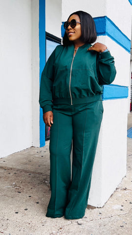 Keep It Classy Zip Up Wide Leg Pants Set (Green)