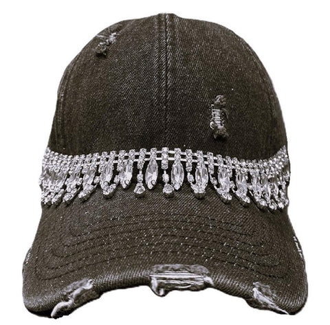 DENIM LOVE RHINESTONE RIPPED FACE CAP