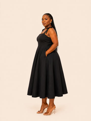 Arielle Smocked Bow Strap Dress - Black