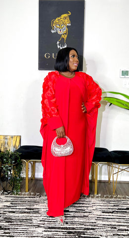 Snazzy Auntie 3D Floral Pleat 2Piece Kaftan Dress (Red)