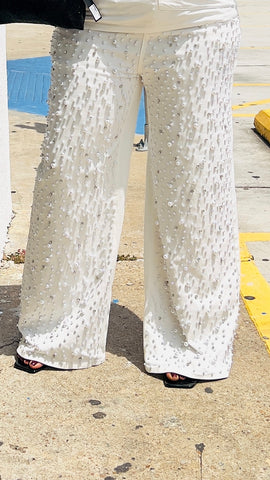 JULES PEARLS AND STONES WIDE LEG JEANS (Ivory)