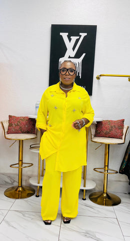 Citrine Élan Embellished Shirt Dress / Pant Set - Yellow