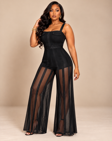 Yvette Illusion Stripe Mesh Wide-Leg Jumpsuit / Romper