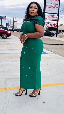 ELARA EMBELLISHED DRAPE BANDAGE DRESS – Emerald