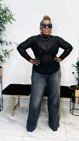 LULU POLKADOT MESH SIDE RUCHED TOP