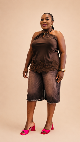 Mariselle Lace Trim Satin Halter Top - Coffee Brown