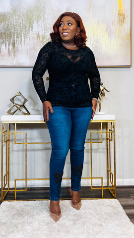 The Moiré Suede Sheer Mesh Floral Top(Black)