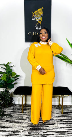 Zelia Pearled Bow Tunic Pant Set (Mustard)