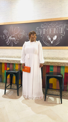 Menah Mock Neck Full Pleat Long Sleeve Maxi Dress (White)