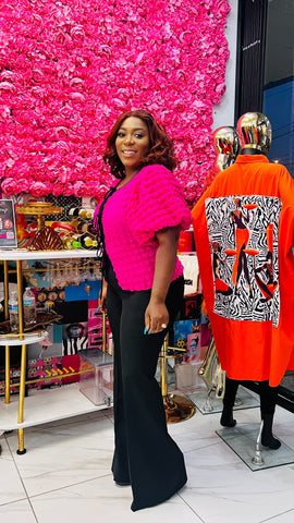 BLOOM SELF TIE PUFF SLEEVES TOP (Fuchsia Pink)