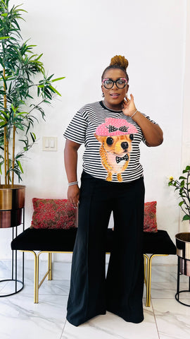 OAXLEY PEARL EMBELLISHED GRAPHIC PRINT STRIPE OVERSIZED TSHIRT TOP