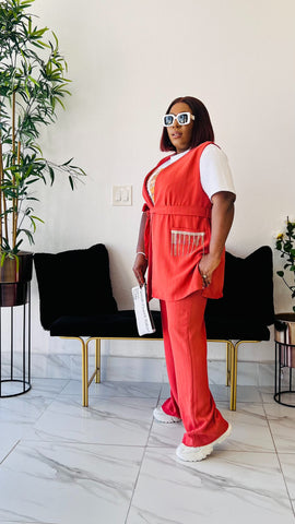 CACEE 2 PIECE PIN STRIPE EMBELLISHED SLEEVELESS JACKET AND PANT SUIT