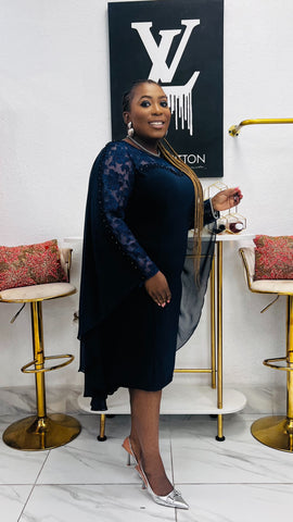 The NOIRÉLLE Embellished Cape Sleeve Elegance Dress - Navy