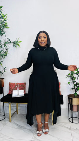 MADELINE ASYMMETRIC MIDI DRESS (black)