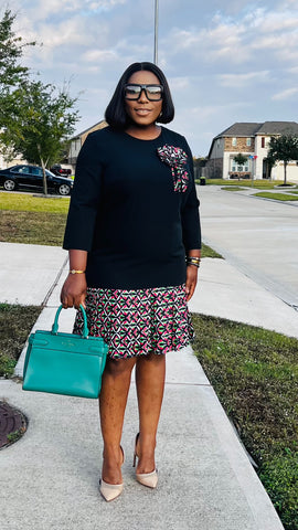 KENDRA MULTI PLEAT/FLOWER PIN DETAILED DRESS (Black)