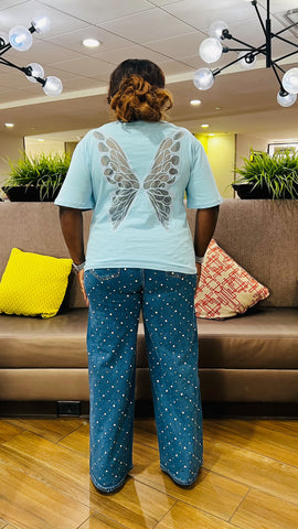 Gilded Wings Butterfly Mesh Cutout Oversized Tee (Blue)