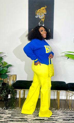 Brave Oversized Collared Long Sleeve Sweater Top ( Royal Blue/Neon Yellow)