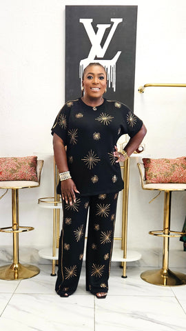 Star Luxe Embellished Wide Leg Matching Set - Black