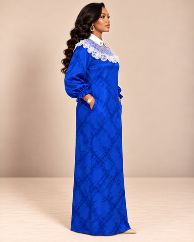 Dorothea Lace-Collar Satin Jacquard Maxi Dress