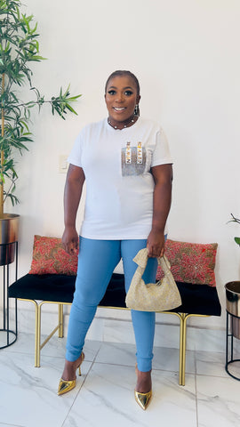 BIG CITY DENIM RHINESTONE DETAIL T-SHIRT TOP (White)