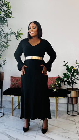 MARTHA RIBBED V-NECK SWEATER DRESS (black)