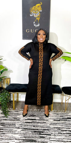 Hannah Midi Long Sleeve Sweater Dress (Black/Tan)
