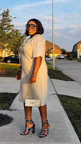 GISELLE PEEKABOO LUXE BOW SHIFT DRESS (Champagne Gold)