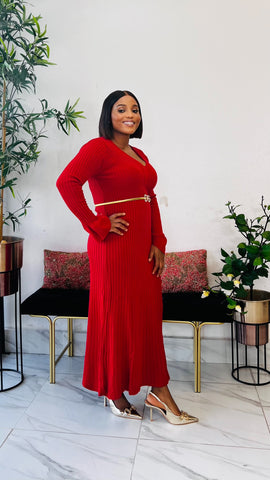 MARTHA RIBBED V-NECK SWEATER DRESS (red)