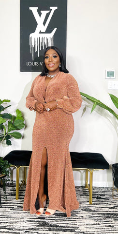 FAYE DEEP PLUNGE KNOTTED MID SLIT OCCASION DRESS (Rose gold)
