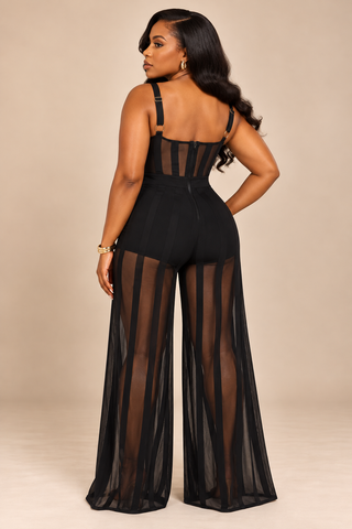 Yvette Illusion Stripe Mesh Wide-Leg Jumpsuit / Romper
