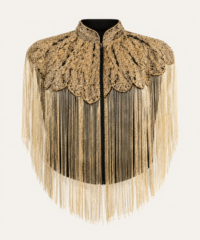 OPULENCE VINTAGE BEADED TASSEL CAPE TOP - Gold