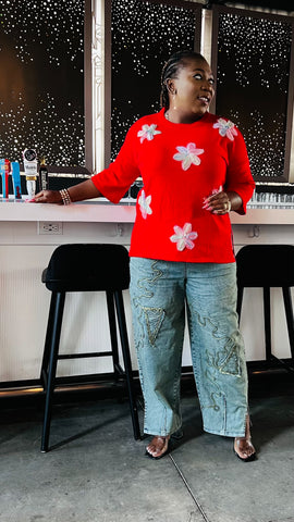 Artisan Knit Floral Appliqué Top 
(Red)