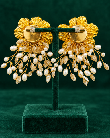 Solmara Bloom Pearl Cascade Statement Earrings - Gold